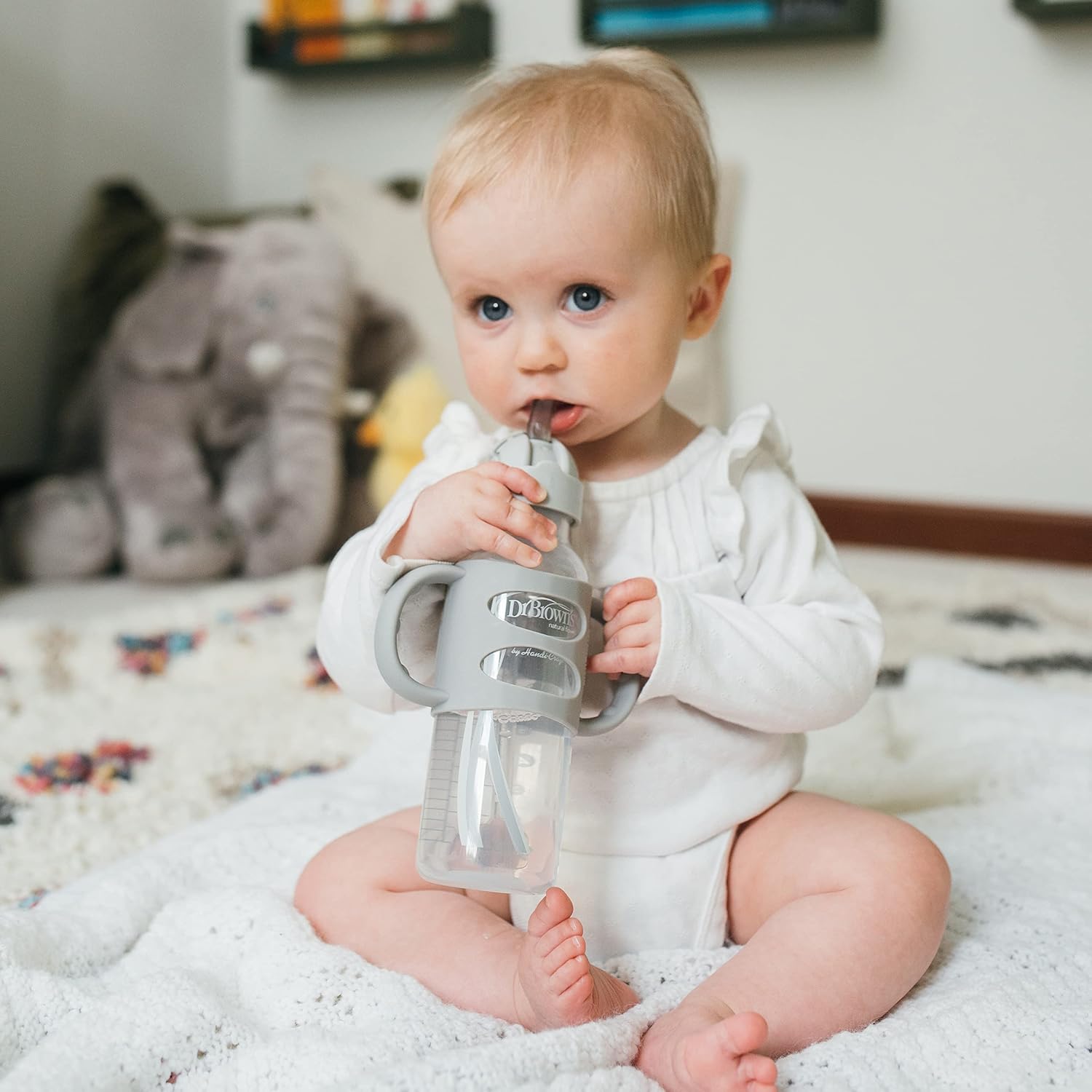 Dr. Brown's Milestones Narrow Sippy Straw Bottle, Spill-Proof with 100% Silicone Handles and Weighted Straw, 8 oz/250 mL, Blue/Gray, 6m+