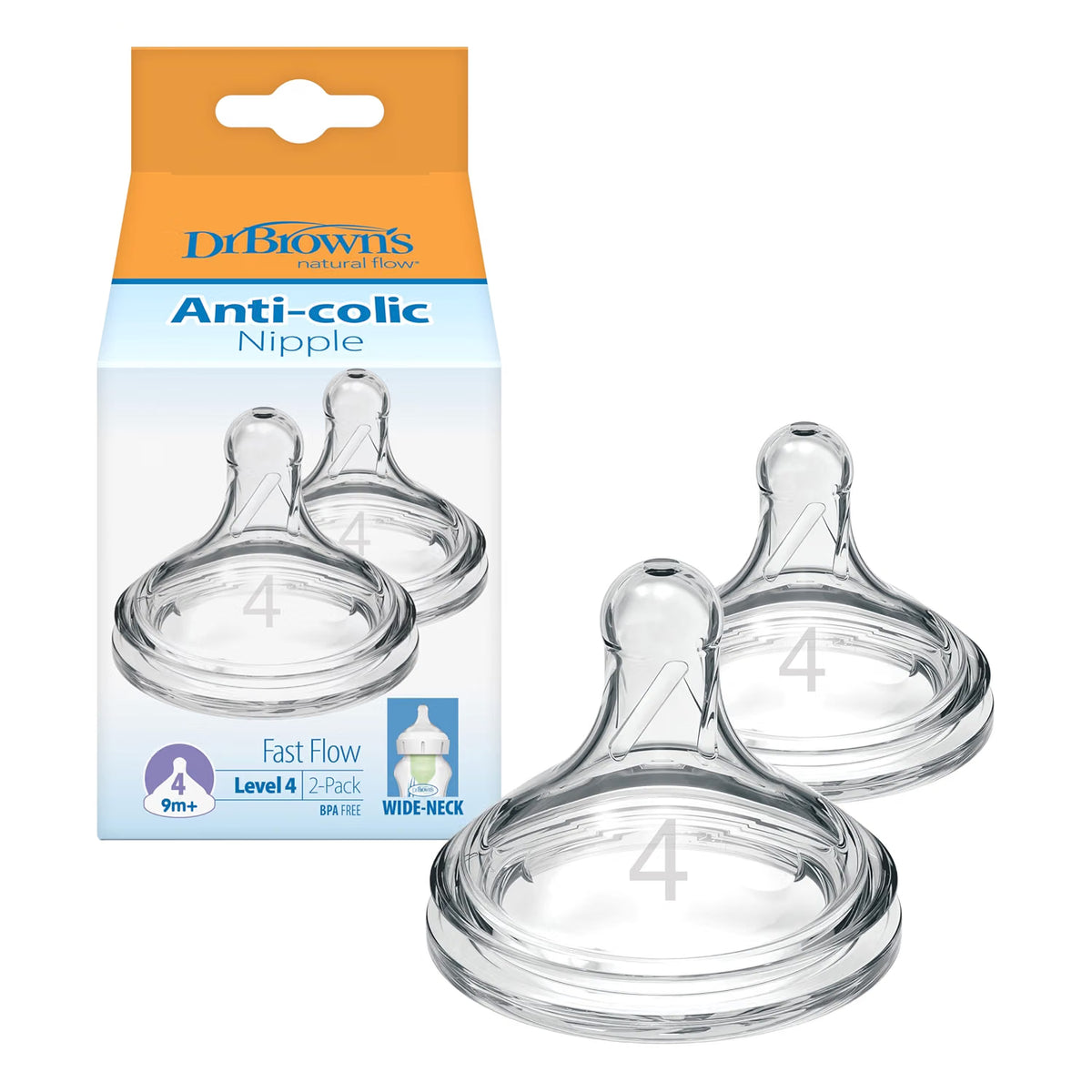 Dr. Brown's Natural Flow , Wide-Neck Baby Bottle Nipple,100% Silicone, 2 Pack