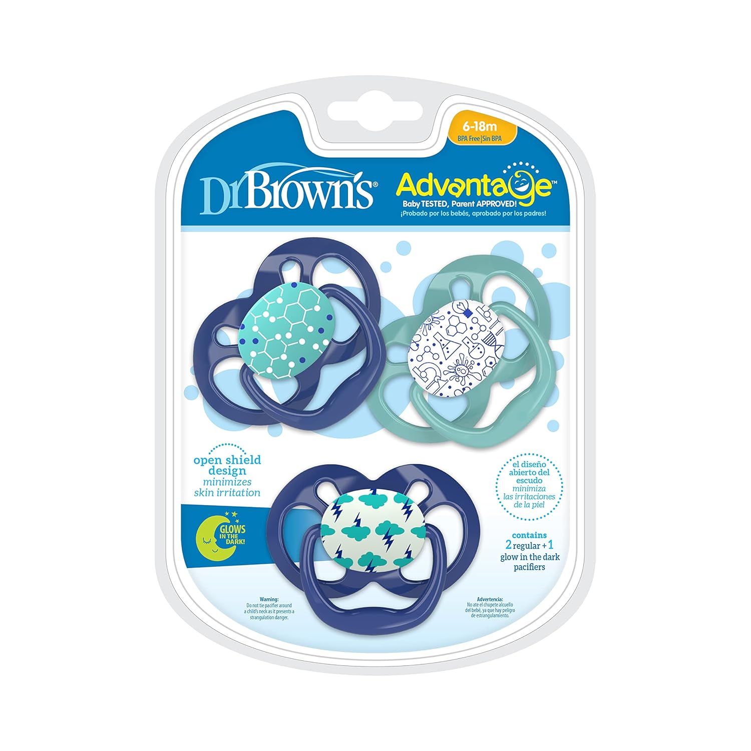 Dr. Brown's Advantage Day and Night Time Baby Pacifiers, 6-18 Month, Blue, 3 Count