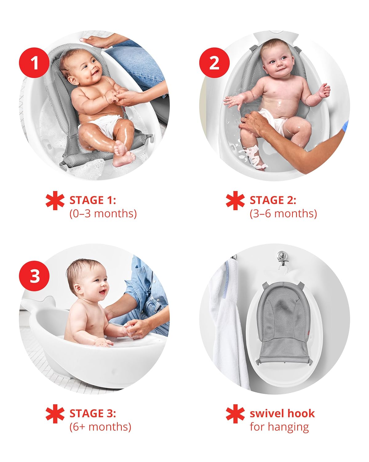 Skip Hop Bath Tub - Moby Smart Sling 3-Stage Tub, PVC-Free, Phthalate-Free, Non Slip Bath Tub for New Born with Drain Plug (Birth to 11Kg, White Color)