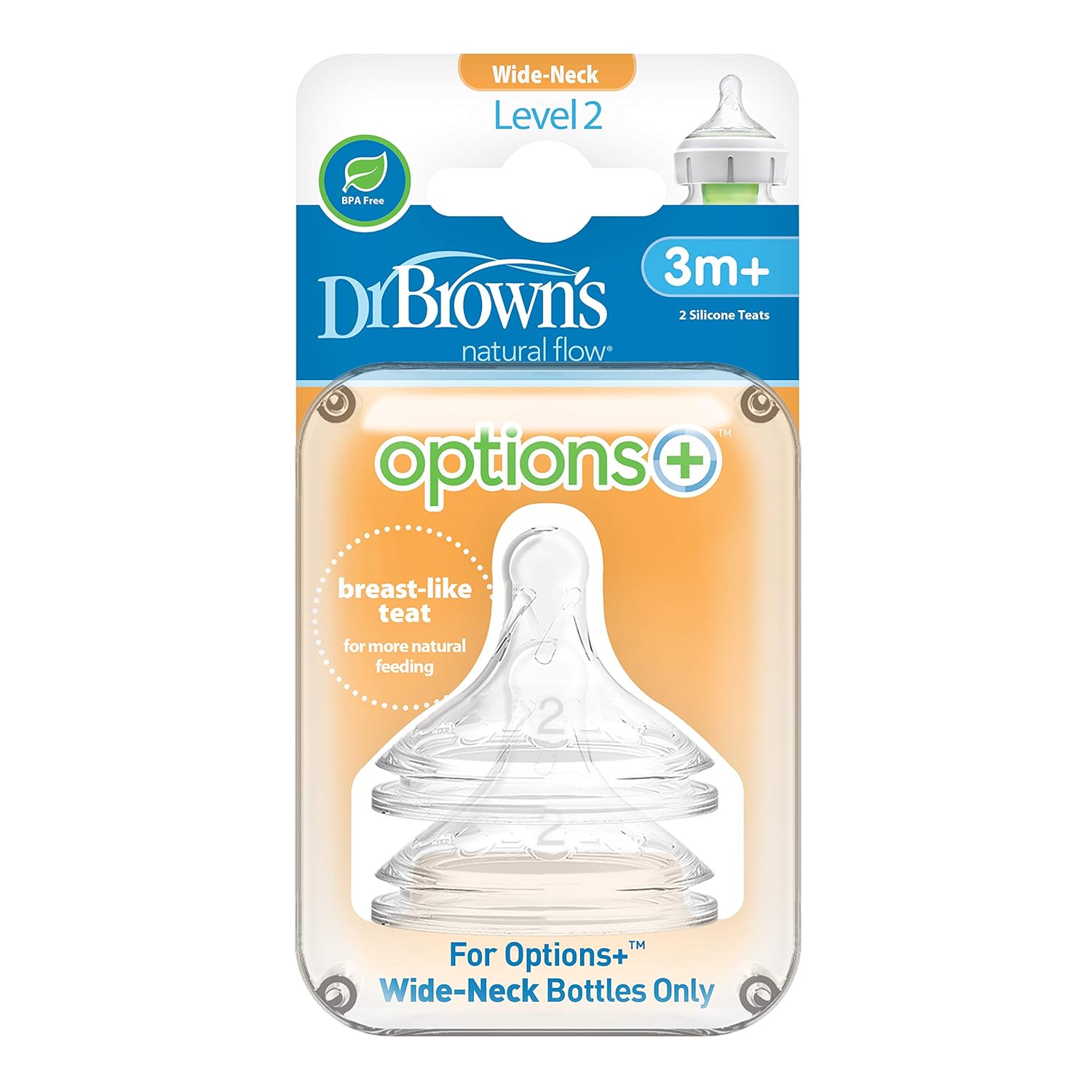 Dr. Brown's Natural Flow Level 2 Wide Neck Nipple (Pack of 1, White)