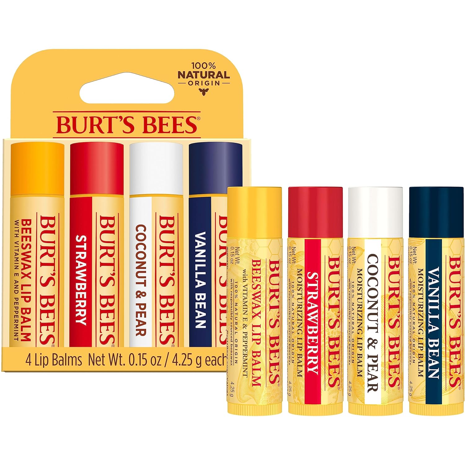 Burt's Bees Natural Moisturizing Lip Balm (Original Beeswax, Strawberry, Coconut & Pear & Vanilla Bean) With Beeswax & Fruit Extracts (Pack Of 4)
