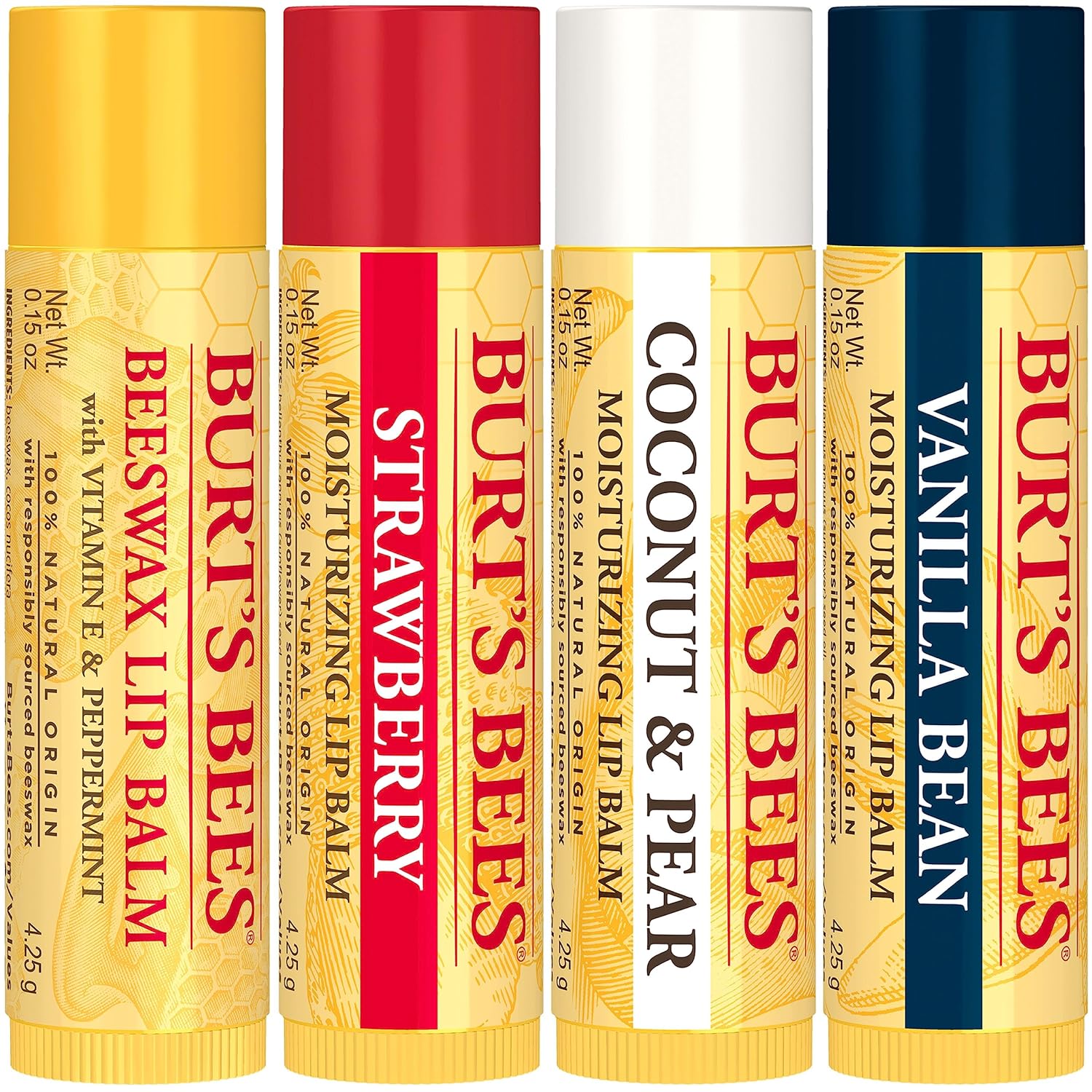 Burt's Bees Natural Moisturizing Lip Balm (Original Beeswax, Strawberry, Coconut & Pear & Vanilla Bean) With Beeswax & Fruit Extracts (Pack Of 4)