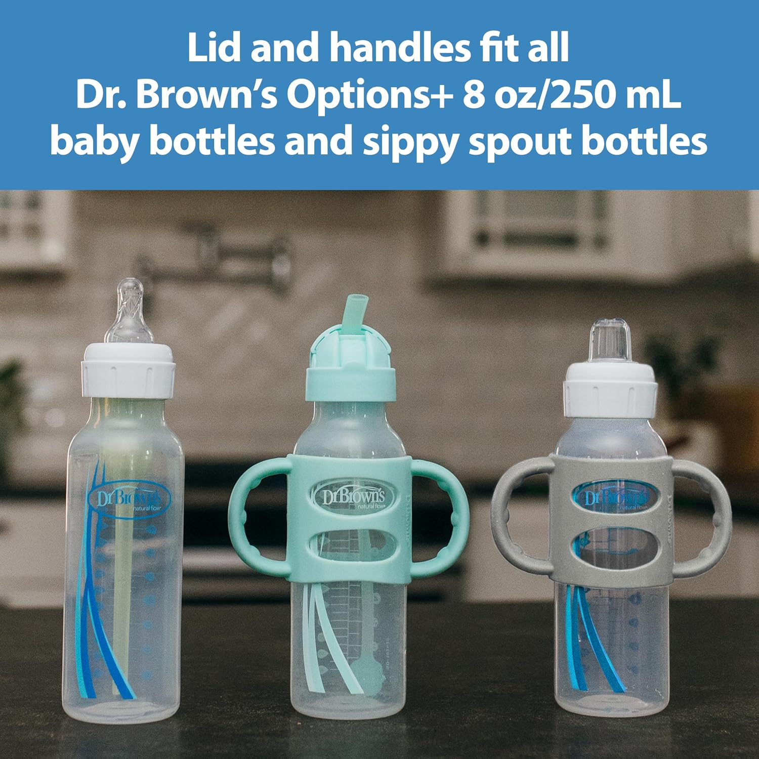 Dr. Brown's Milestones Narrow Sippy Straw Bottle, Spill-Proof with 100% Silicone Handles and Weighted Straw, 8 oz/250 mL, Green, 6m+