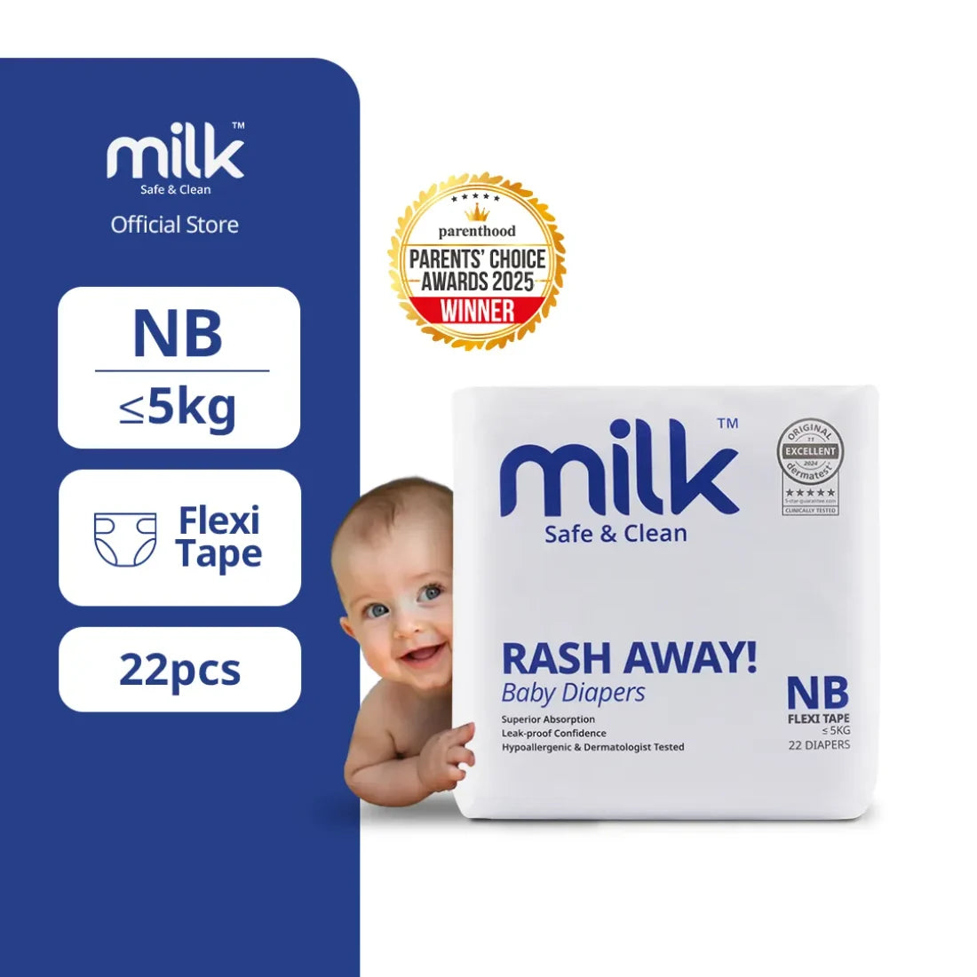 MILK Baby Diaper Flexi Tape Size 1 (NB) (22 pcs) (<5 kg)