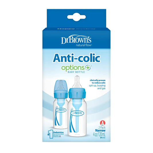 Dr. Brown's Natural Flow Anti-Colic Options+ Narrow Baby Bottle, 4 oz/120 ml, Blue, 2-Pack