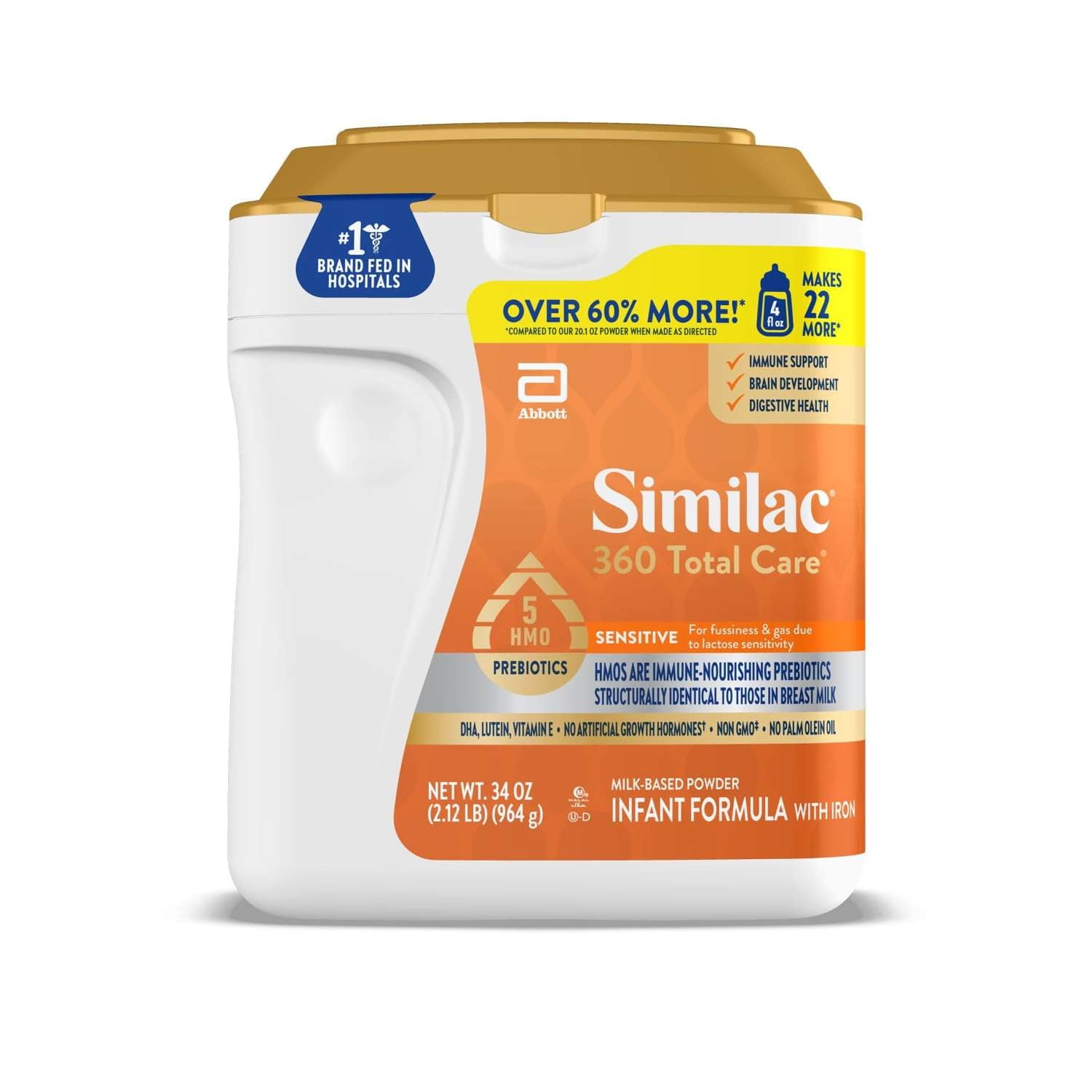 Similac 360 Total Care Sensitive Baby Formula Powder, Has 5 HMO Prebiotics, 34-oz Value Tub